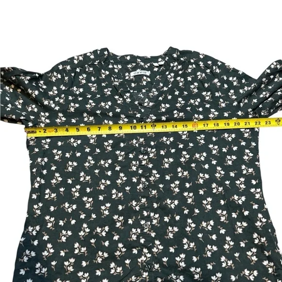 Orvis Women’s Large Dark Green Cotton Button-Down Blouse White Floral Print - Picture 3 of 8
